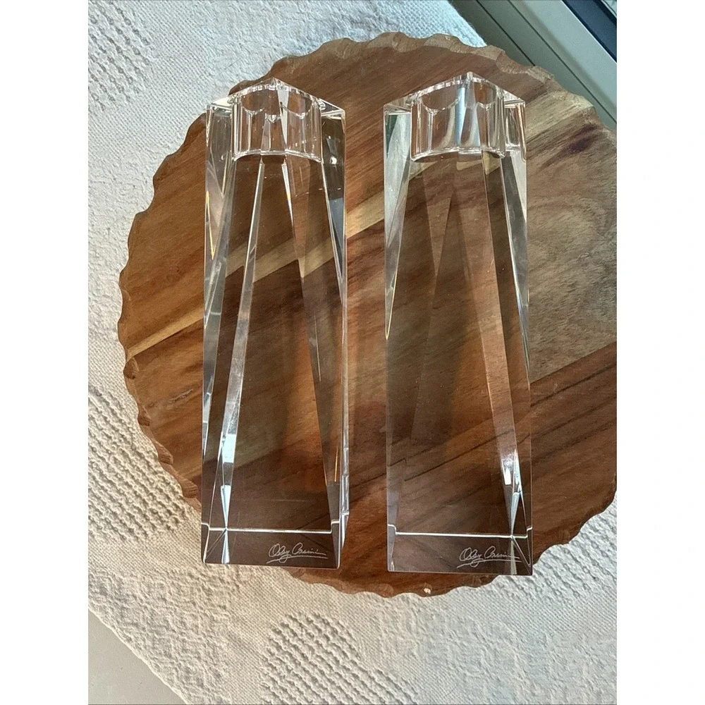 Oleg Cassini Signed Crystal Glass Prism Rectangular Candlestick Holders (2) 6 in